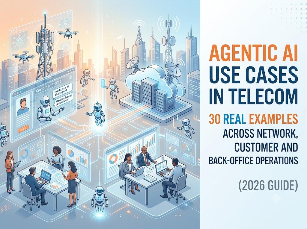 Cover graphic for 'Agentic AI Use Cases in Telecom: 30 Real Examples' guide, showing AI robots, telecom towers, and professionals analyzing data dashboards.